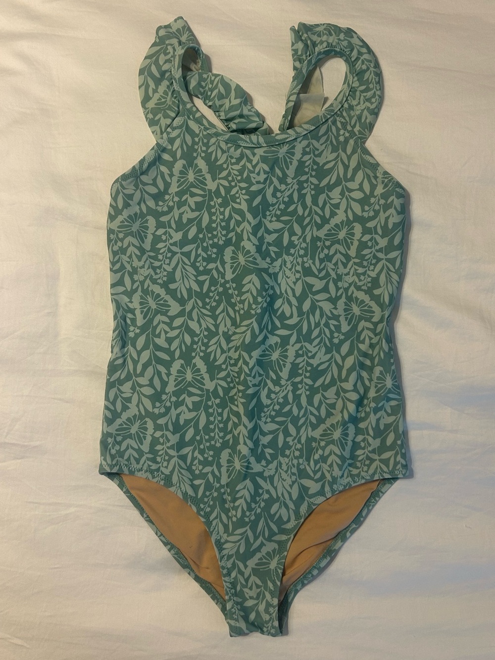 J. Crew Crewcuts One Piece Swimsuit Ruffle Strap Teal Botanical Print Size 10